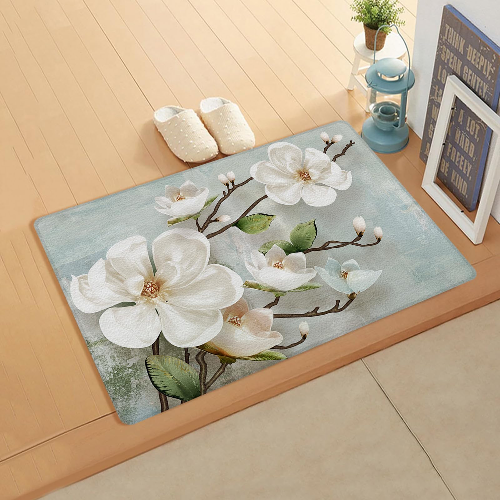 Retro White Flowers Antifatigue Kitchen Bath Door Mat Cushioned Runner Rug,Washable Welcome Floor Sink Mat,Country French Chic Florals Watercolor Comfort Standing Doormat for Kitchen,18"x59"