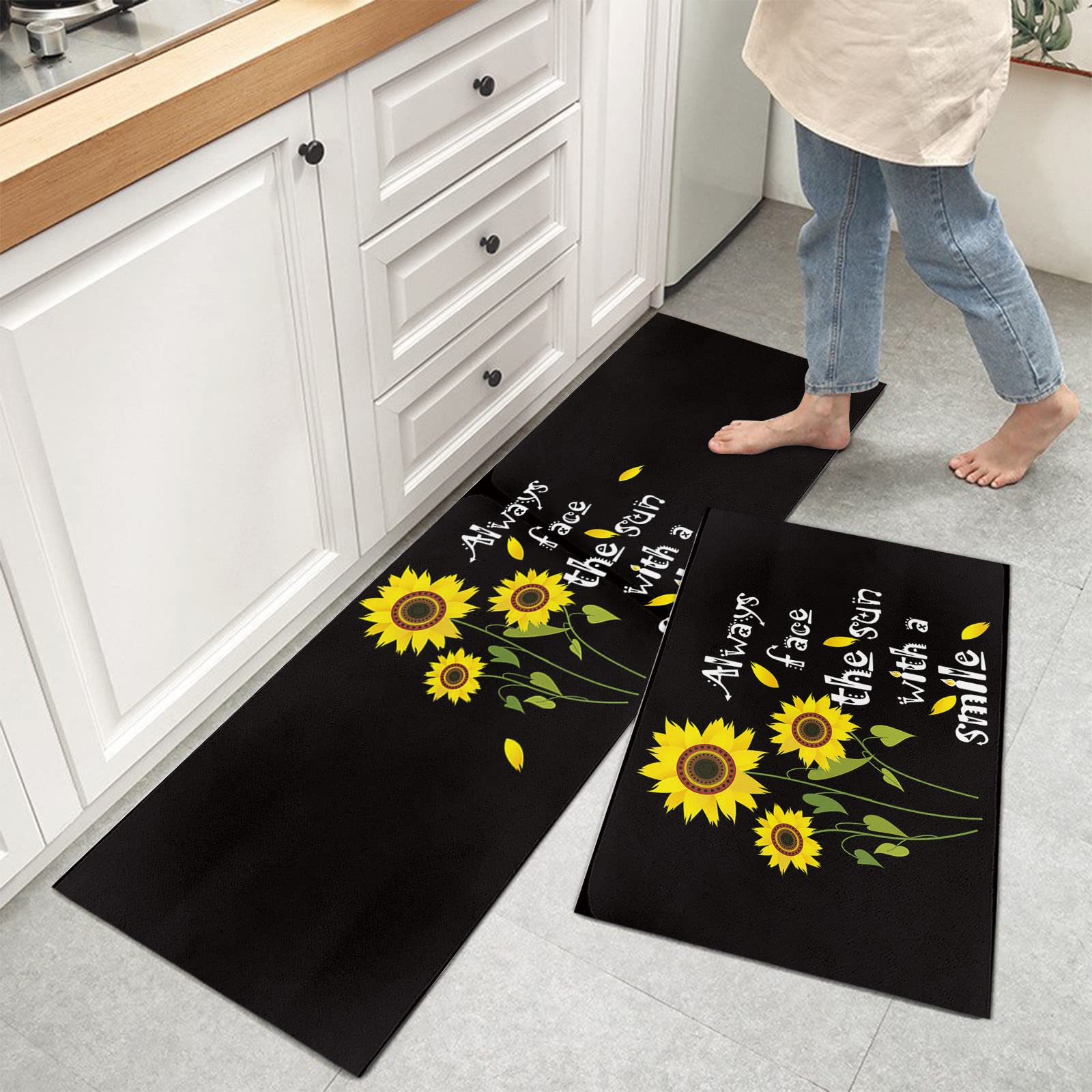 IDOWMAT Kitchen Rug Sets of 2 - Absorbent Non-Slip Kitchen Mats Farmhouse Yellow Sunflower Black Background Floor Comfort Mats Doormat for Kitchen Office Laundry 15.7x23.6in + 15.7x47.2in