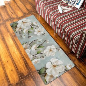 Retro White Flowers Antifatigue Kitchen Bath Door Mat Cushioned Runner Rug,Washable Welcome Floor Sink Mat,Country French Chic Florals Watercolor Comfort Standing Doormat for Kitchen,18"x59"