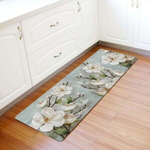 Retro White Flowers Antifatigue Kitchen Bath Door Mat Cushioned Runner Rug,Washable Welcome Floor Sink Mat,Country French Chic Florals Watercolor Comfort Standing Doormat for Kitchen,18"x59"