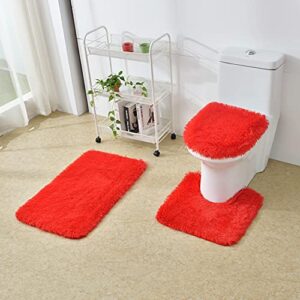 ECM. 2pc - 3pc Beautiful Living Room Rug Set - Solid Aesthetic Soft Fluffy Rug Carpet for Home, Dining Room, and Kitchen - Faux Fur Anti Slip Rug & Water Absorber Bathroom Carpet Set - RED