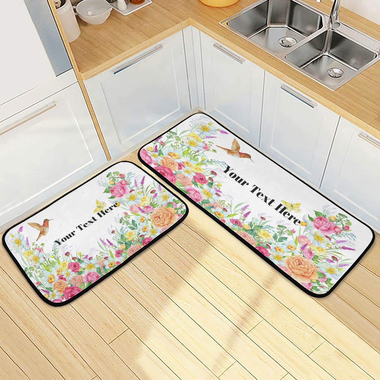 DOMIKING Flower Hummingbird Custom Kitchen Mats 2 Pieces Non-Slip Anti Fatigue Personalized Kitchen Rugs and Mats Set for Floor Cushioned Standing Mats Area Rug Runner for Kitchen Hallway Sink