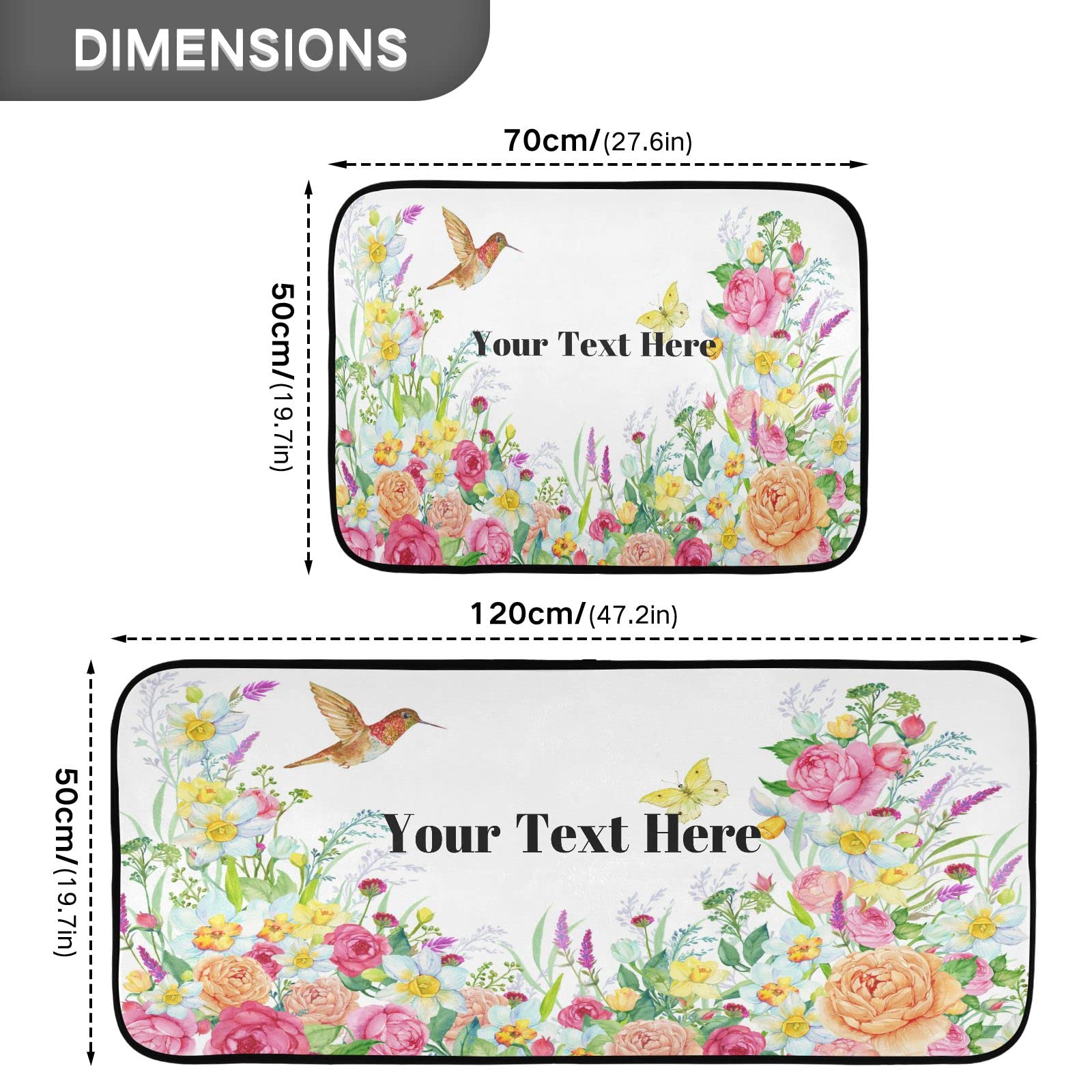 DOMIKING Flower Hummingbird Custom Kitchen Mats 2 Pieces Non-Slip Anti Fatigue Personalized Kitchen Rugs and Mats Set for Floor Cushioned Standing Mats Area Rug Runner for Kitchen Hallway Sink