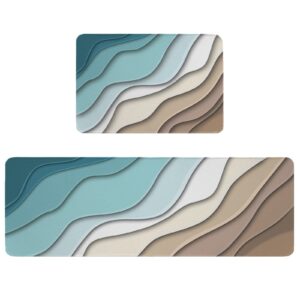 debedcor geometric teal kitchen rugs and mats set of 2, brown cream aesthetic non-skid bathroom rugs, kitchen runner turquoise ombre rug floor mat for sink/laundry room/office, 15.7"x23.6"+15.7"x47.2"