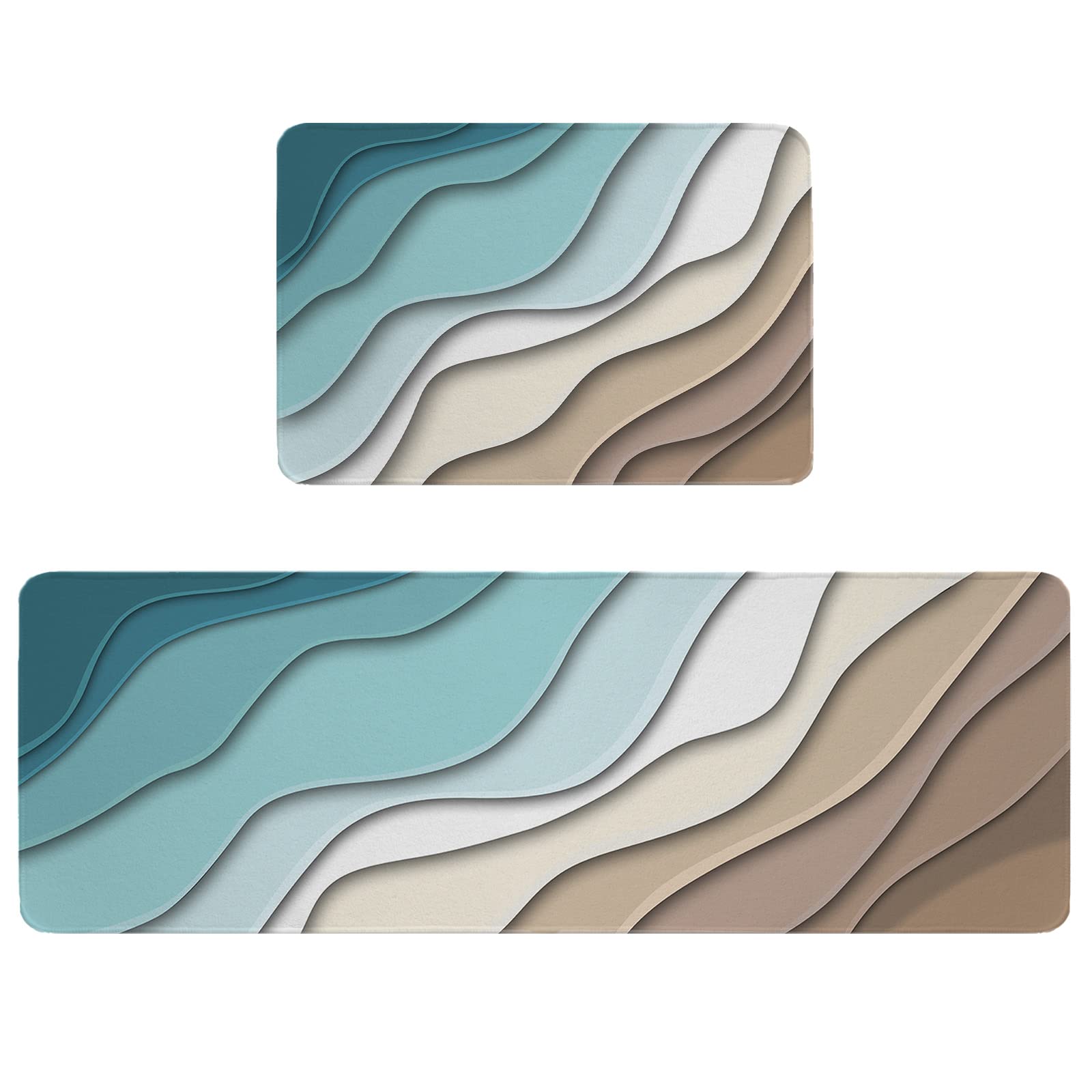 Debedcor Geometric Teal Kitchen Rugs and Mats Set of 2, Brown Cream Aesthetic Non-Skid Bathroom Rugs, Kitchen Runner Turquoise Ombre Rug Floor Mat for Sink/Laundry Room/Office, 15.7"x23.6"+15.7"x47.2"