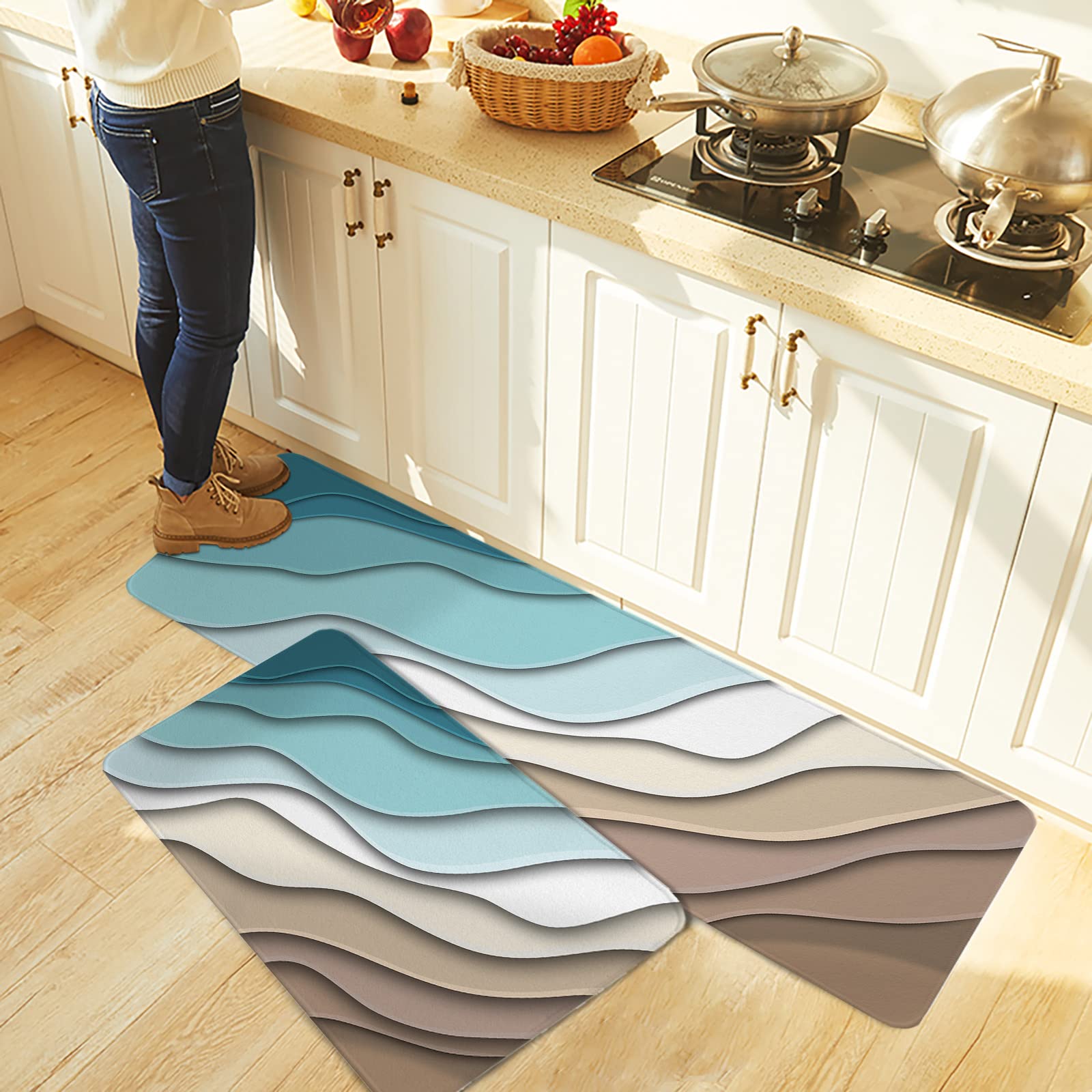 Debedcor Geometric Teal Kitchen Rugs and Mats Set of 2, Brown Cream Aesthetic Non-Skid Bathroom Rugs, Kitchen Runner Turquoise Ombre Rug Floor Mat for Sink/Laundry Room/Office, 15.7"x23.6"+15.7"x47.2"