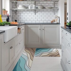 Debedcor Geometric Teal Kitchen Rugs and Mats Set of 2, Brown Cream Aesthetic Non-Skid Bathroom Rugs, Kitchen Runner Turquoise Ombre Rug Floor Mat for Sink/Laundry Room/Office, 15.7"x23.6"+15.7"x47.2"