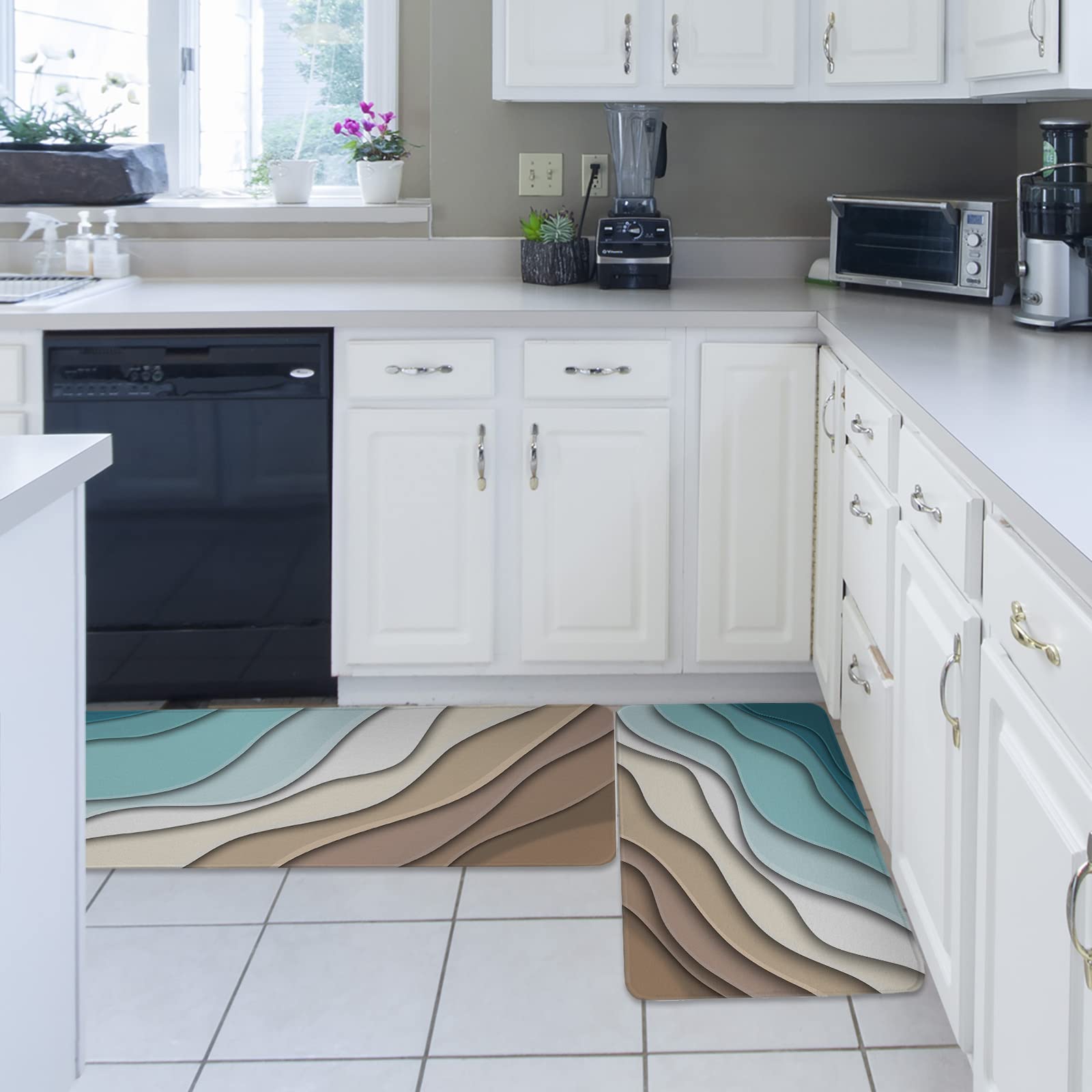 Debedcor Geometric Teal Kitchen Rugs and Mats Set of 2, Brown Cream Aesthetic Non-Skid Bathroom Rugs, Kitchen Runner Turquoise Ombre Rug Floor Mat for Sink/Laundry Room/Office, 15.7"x23.6"+15.7"x47.2"