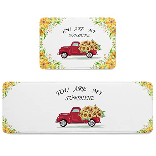 Kitchen Rug and Mat Set You re My Sunshine,Water Absorption Floor Doormat Floral Country Red Truck Car with Yellow Sunflower,Washable Carpet for Kitchen Sink Laundry Bar Decor 18x30+18x48In