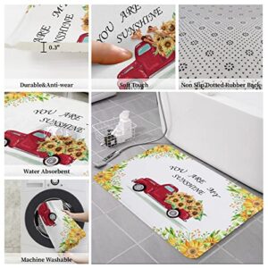 Kitchen Rug and Mat Set You re My Sunshine,Water Absorption Floor Doormat Floral Country Red Truck Car with Yellow Sunflower,Washable Carpet for Kitchen Sink Laundry Bar Decor 18x30+18x48In