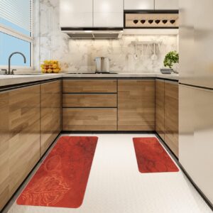 RYANZA 2 Pieces Kitchen Rugs, Abstract Anti Fatigue Non Slip Foam Cushioned Red Lines Art Modern Graffiti Comfort Indoor Floor Mat Runner Rug Set for Laundry Office Sink Bathroom (17"x48"+17"x24")