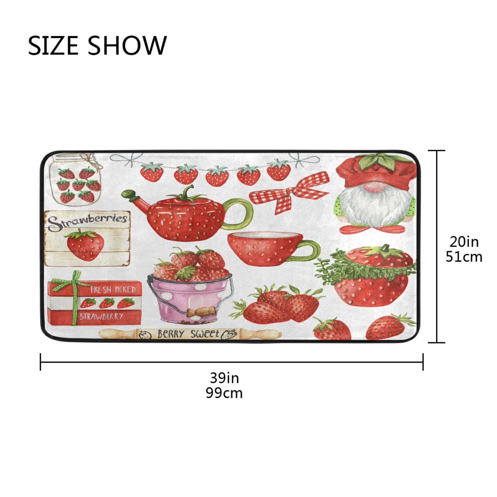 Strawberry Red Berries Kitchen Rugs Floor Mat Anti Fatigue Kitchen MatsFarmhouse Non Skid Washable Bath Rug Runner Doormats Carpet Sink Mat Carpet Doormats for Home Decor 39" X 20"