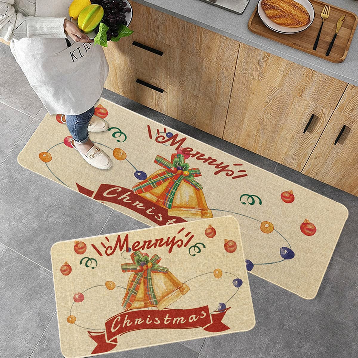 LISIBOOO Christmas Kitchen Rug - Kitchen Mat Set Non Skid Kitchen Rugs and Mats Anti Fatigue Kitchen Floor Mats Rubber Back Absorbent Washable Christmas Kitchen Rug Set 2 Piece 17''x29''+17''x47