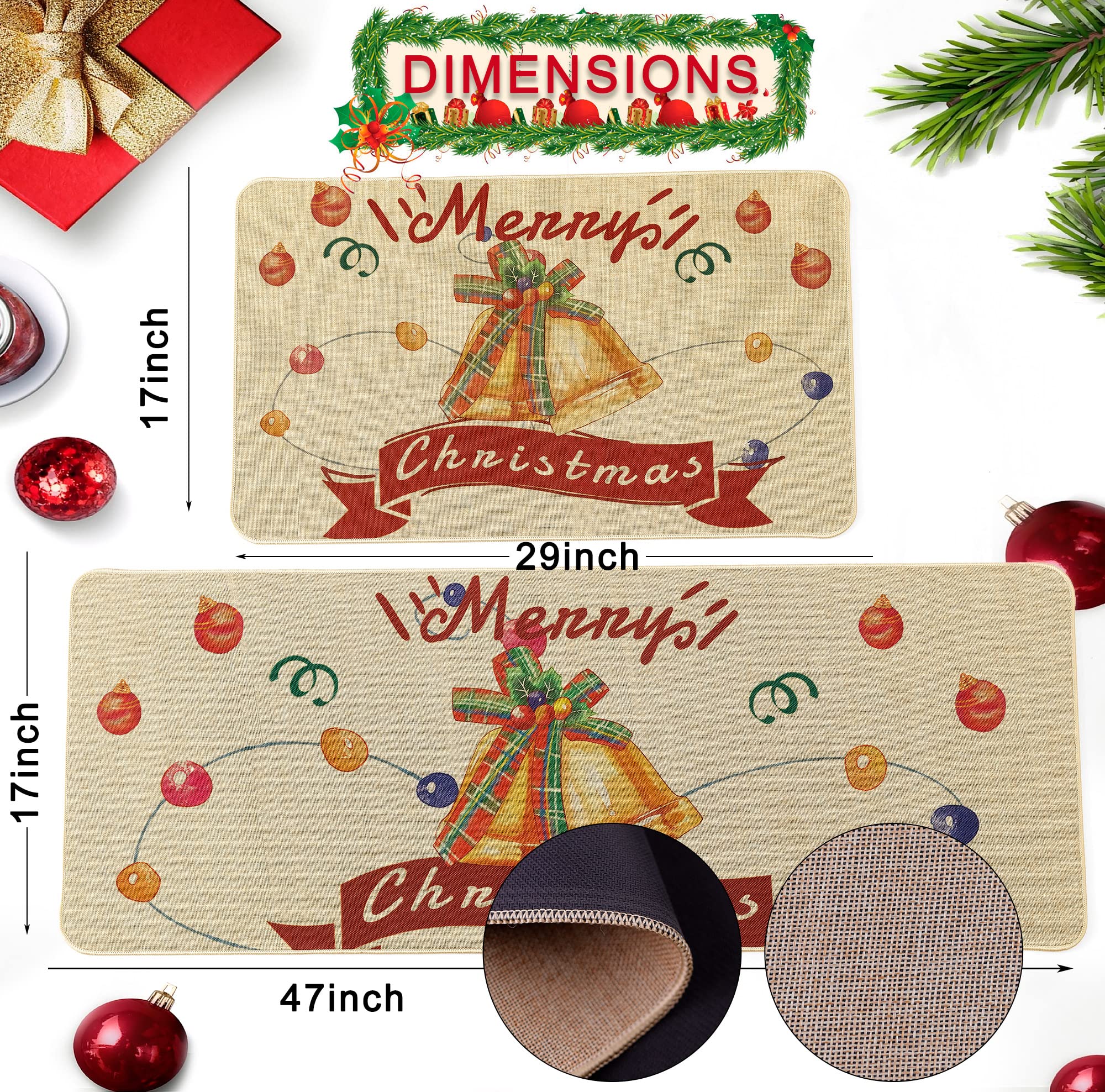 LISIBOOO Christmas Kitchen Rug - Kitchen Mat Set Non Skid Kitchen Rugs and Mats Anti Fatigue Kitchen Floor Mats Rubber Back Absorbent Washable Christmas Kitchen Rug Set 2 Piece 17''x29''+17''x47