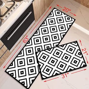 DISAKJ Kitchen Rugs and Mats Non Skid Washable Non-Slip, White and Black Area Kitchen Floor Mats Rug , Backing Mat for Doorway Mats Runner Rug Set, Geometric Design (20 x 63+20 x 31inch)