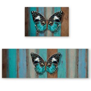 turquoise kitchen mats for floor cushioned anti fatigue 2 piece set kitchen runner rugs non skid washable wooden plank butterfly