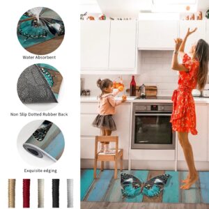 Turquoise Kitchen Mats for Floor Cushioned Anti Fatigue 2 Piece Set Kitchen Runner Rugs Non Skid Washable Wooden Plank Butterfly