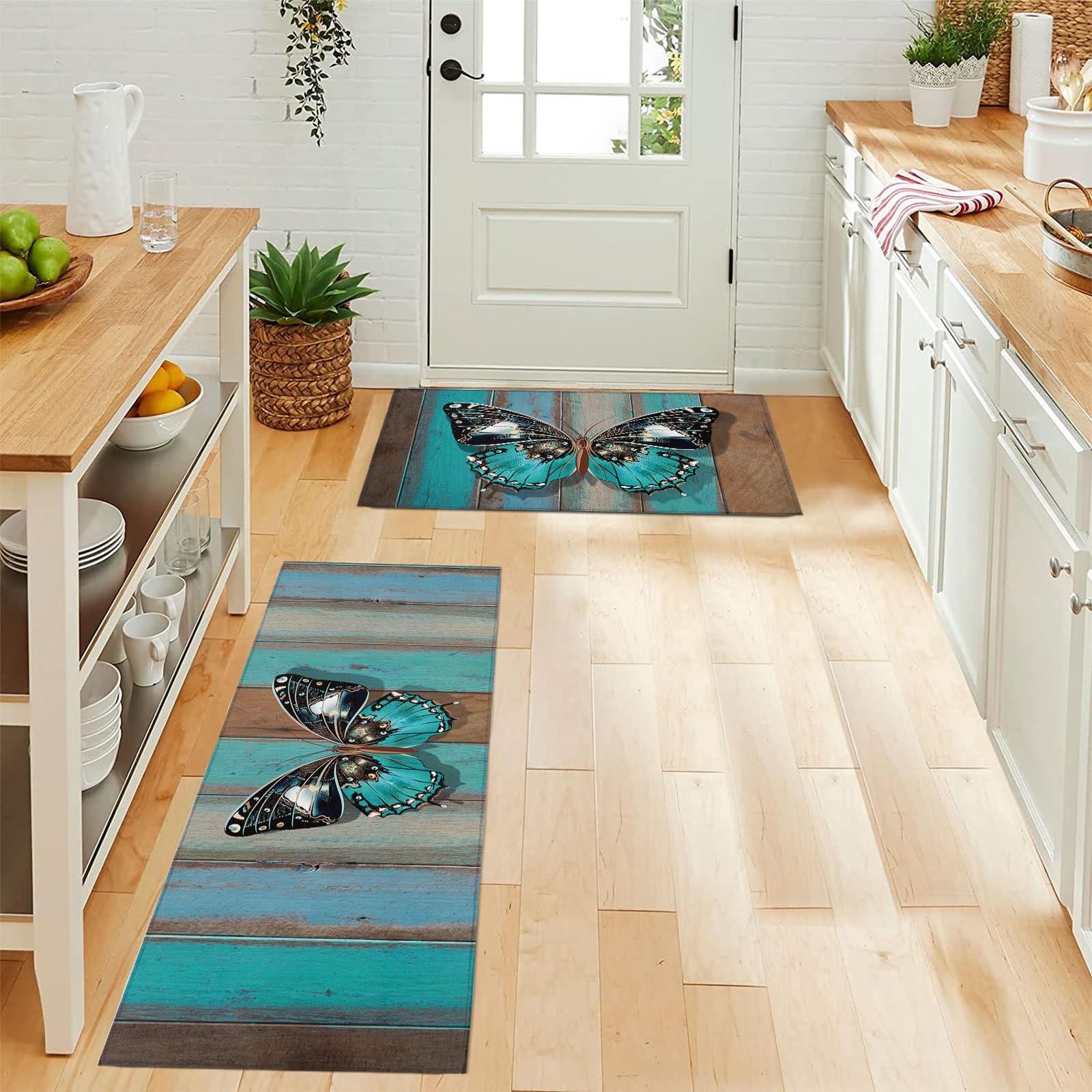 Turquoise Kitchen Mats for Floor Cushioned Anti Fatigue 2 Piece Set Kitchen Runner Rugs Non Skid Washable Wooden Plank Butterfly