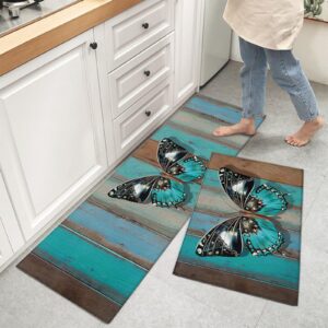 Turquoise Kitchen Mats for Floor Cushioned Anti Fatigue 2 Piece Set Kitchen Runner Rugs Non Skid Washable Wooden Plank Butterfly