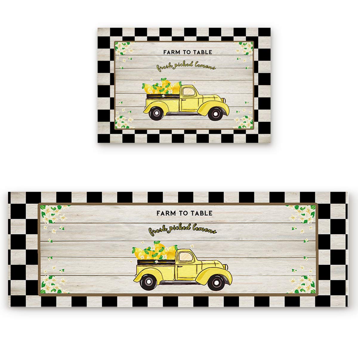 2 Pieces Kitchen Mat Set, Yellow Truck Loads Farm Picked Lemons on Black Checker, Non Slip Rubber Backing Bathroom Floor Mat Low Pile Machine Washable 15.7x23.6In + 15.7x47In