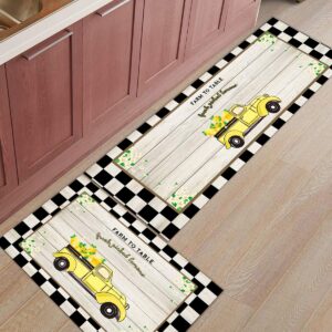 2 Pieces Kitchen Mat Set, Yellow Truck Loads Farm Picked Lemons on Black Checker, Non Slip Rubber Backing Bathroom Floor Mat Low Pile Machine Washable 15.7x23.6In + 15.7x47In