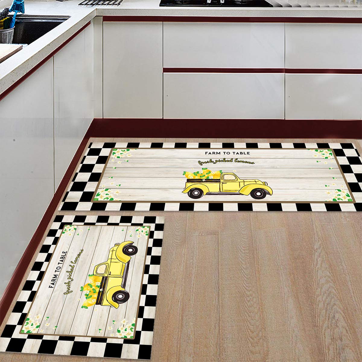 2 Pieces Kitchen Mat Set, Yellow Truck Loads Farm Picked Lemons on Black Checker, Non Slip Rubber Backing Bathroom Floor Mat Low Pile Machine Washable 15.7x23.6In + 15.7x47In