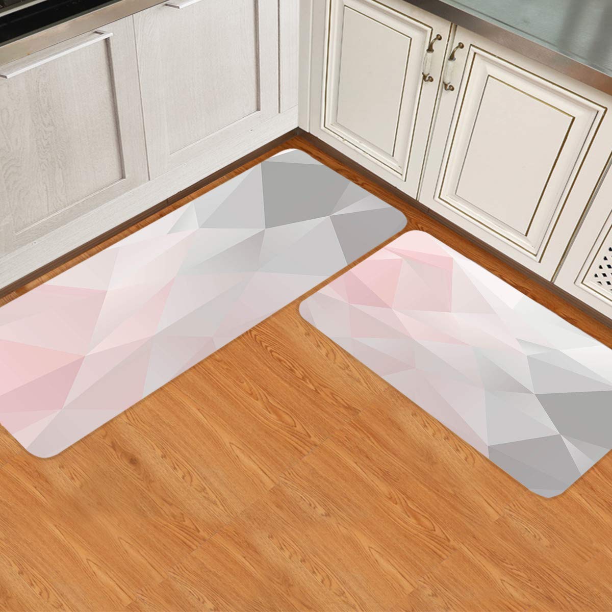 Pink Kitchen Mats and Rugs Set of 2, Washable Absorbent Geometric Kitchen Runner Rug Carpet Pink and Grey Anti-Fatigue Geometric Ombre Color Comfort Mat for Kitchen Bathroom Laundry