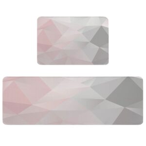 Pink Kitchen Mats and Rugs Set of 2, Washable Absorbent Geometric Kitchen Runner Rug Carpet Pink and Grey Anti-Fatigue Geometric Ombre Color Comfort Mat for Kitchen Bathroom Laundry