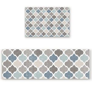 houseown kitchen rugs and mats 2 pcs set, boho moroccan blue grey geometric plaid microfiber kitchen mat non-slip washable home decor for kitchen floor home office laundry