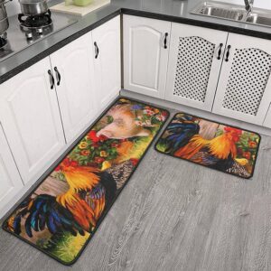 hdmfl gjing sunflower and rooster kitchen rugs and mats [2 pcs] anti-fatigue kitchen floor mat ​non slip machine washable runner carpets for floor,kitchen, bathroom,sink,office,laundry 17x59+17x29in