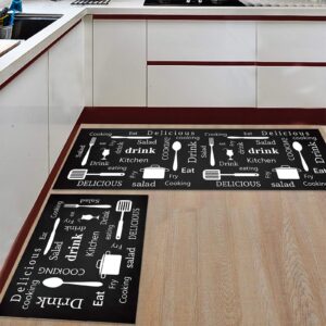 loopop kitchen rugs and mats sets of 2 knife and fork non-slip rubber backing area rugs washable runner carpets for floor, kitchen kitchen utensils text on black background 15.7x23.6+15.7x47.2inch