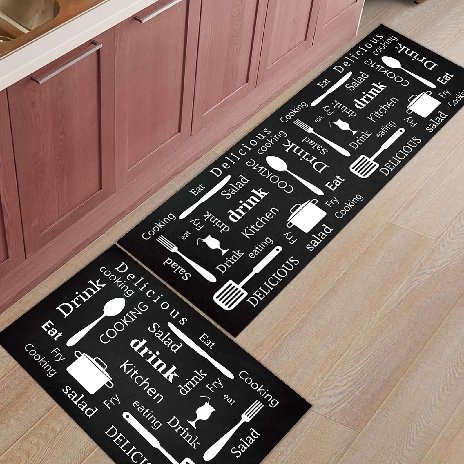 LooPoP Kitchen Rugs and Mats Sets of 2 Knife and Fork Non-Slip Rubber Backing Area Rugs Washable Runner Carpets for Floor, Kitchen Kitchen Utensils Text on Black Background 15.7x23.6+15.7x47.2inch