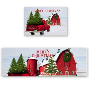 big buy store kitchen rug sets 2 piece christmas barn red truck non slip anti fatigue floor mats winter farmhouse comfort soft absorb cushioned standing doormat runner rugs (19.7x31.5+19.7x47.2 inch)