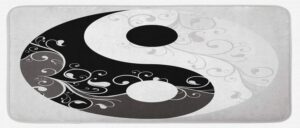 lunarable ying yang kitchen mat, floral design swirling branches leaves pattern flow of energy cultural graphic, plush decorative kitchen mat with non slip backing, 47" x 19", black white