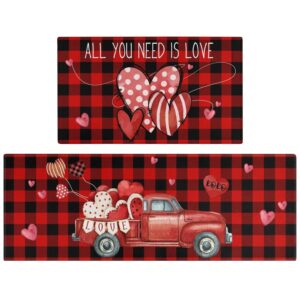 xsinufn valentines day kitchen mat set 2 piece,valentines day hearts truck buffalo plaid decorative kitchen rugs,valentines hearts low-profile kitchen mats for home kitchen (17"x48"+17"x30")