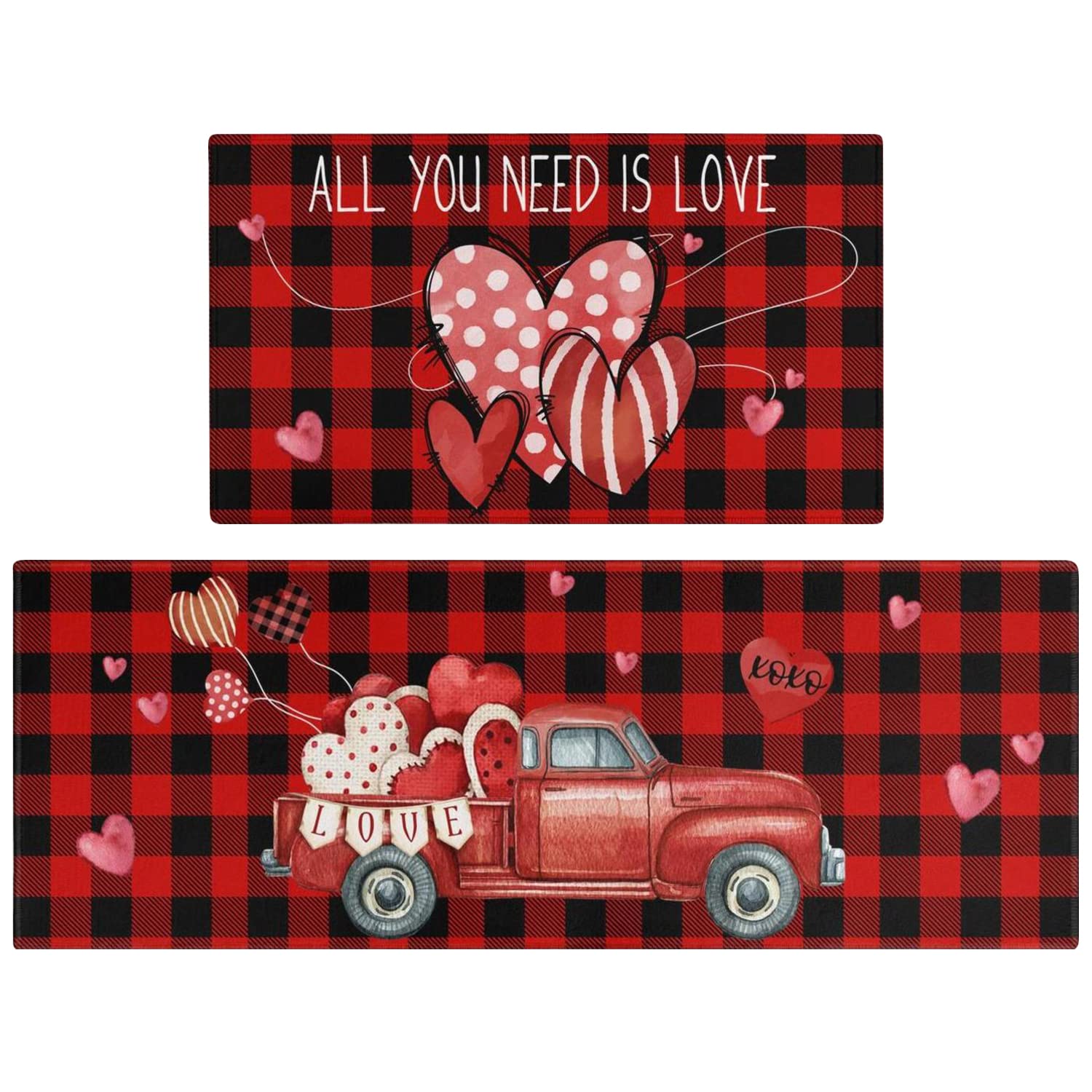 Xsinufn Valentines Day Kitchen Mat Set 2 Piece,Valentines Day Hearts Truck Buffalo Plaid Decorative Kitchen Rugs,Valentines Hearts Low-Profile Kitchen Mats for Home Kitchen (17"x48"+17"x30")