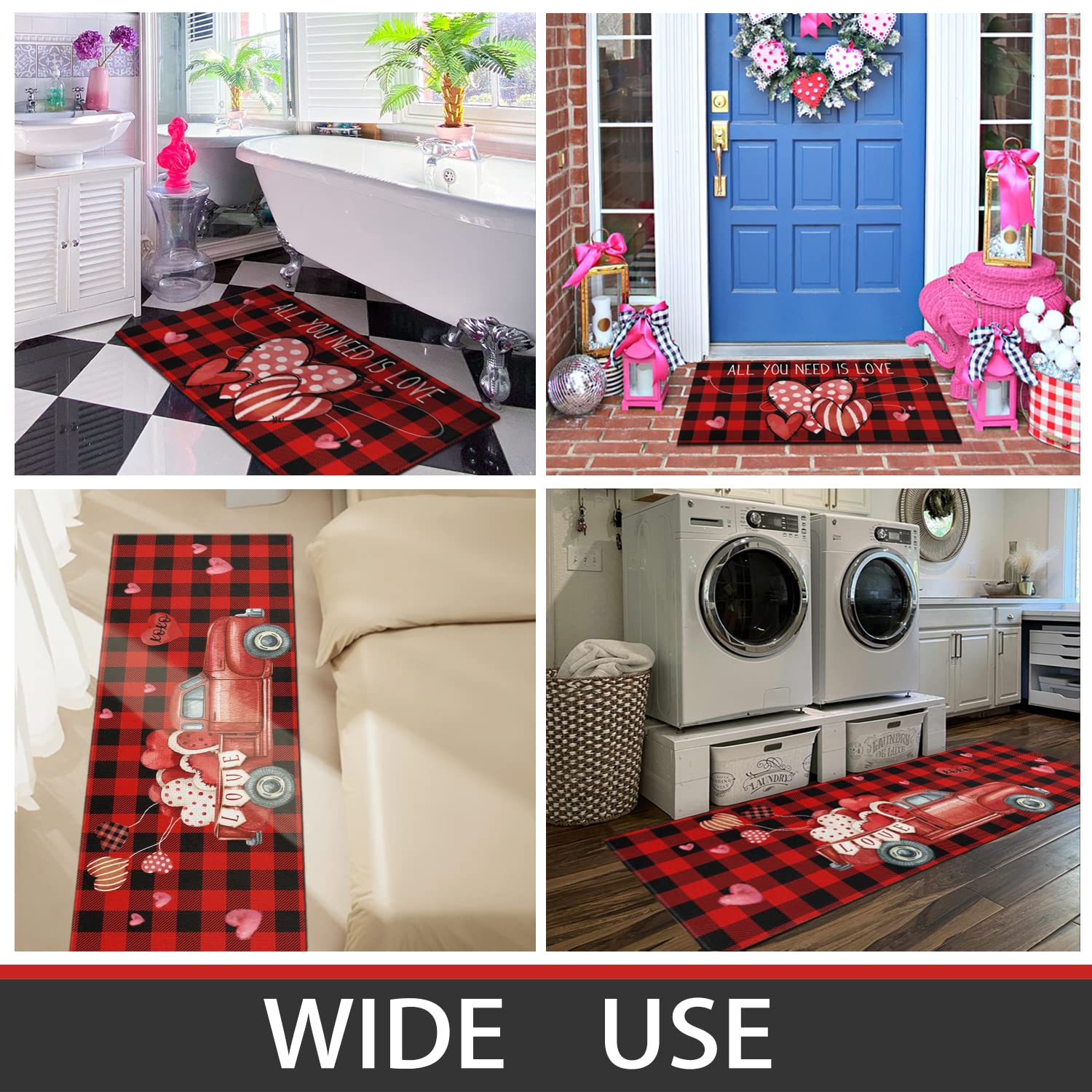 Xsinufn Valentines Day Kitchen Mat Set 2 Piece,Valentines Day Hearts Truck Buffalo Plaid Decorative Kitchen Rugs,Valentines Hearts Low-Profile Kitchen Mats for Home Kitchen (17"x48"+17"x30")