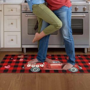 Xsinufn Valentines Day Kitchen Mat Set 2 Piece,Valentines Day Hearts Truck Buffalo Plaid Decorative Kitchen Rugs,Valentines Hearts Low-Profile Kitchen Mats for Home Kitchen (17"x48"+17"x30")