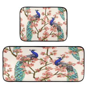peacock flower tree kitchen mat set 2pcs, super absorbent kitchen rugs and mats non slip easy clean carpets rugs for kitchen floor sink laundry runner area rug carpet