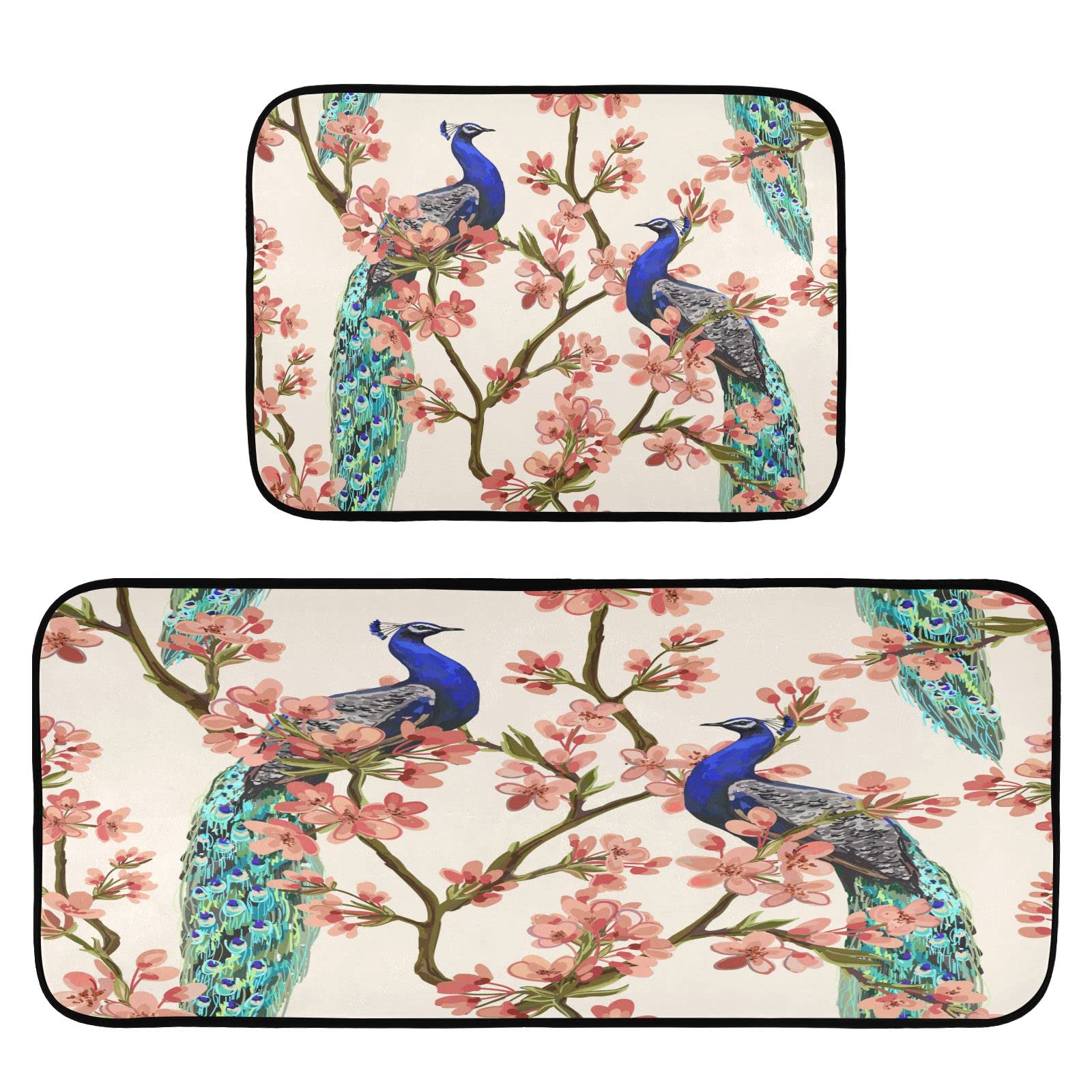 Peacock Flower Tree Kitchen Mat Set 2PCS, Super Absorbent Kitchen Rugs and Mats Non Slip Easy Clean Carpets Rugs for Kitchen Floor Sink Laundry Runner Area Rug Carpet