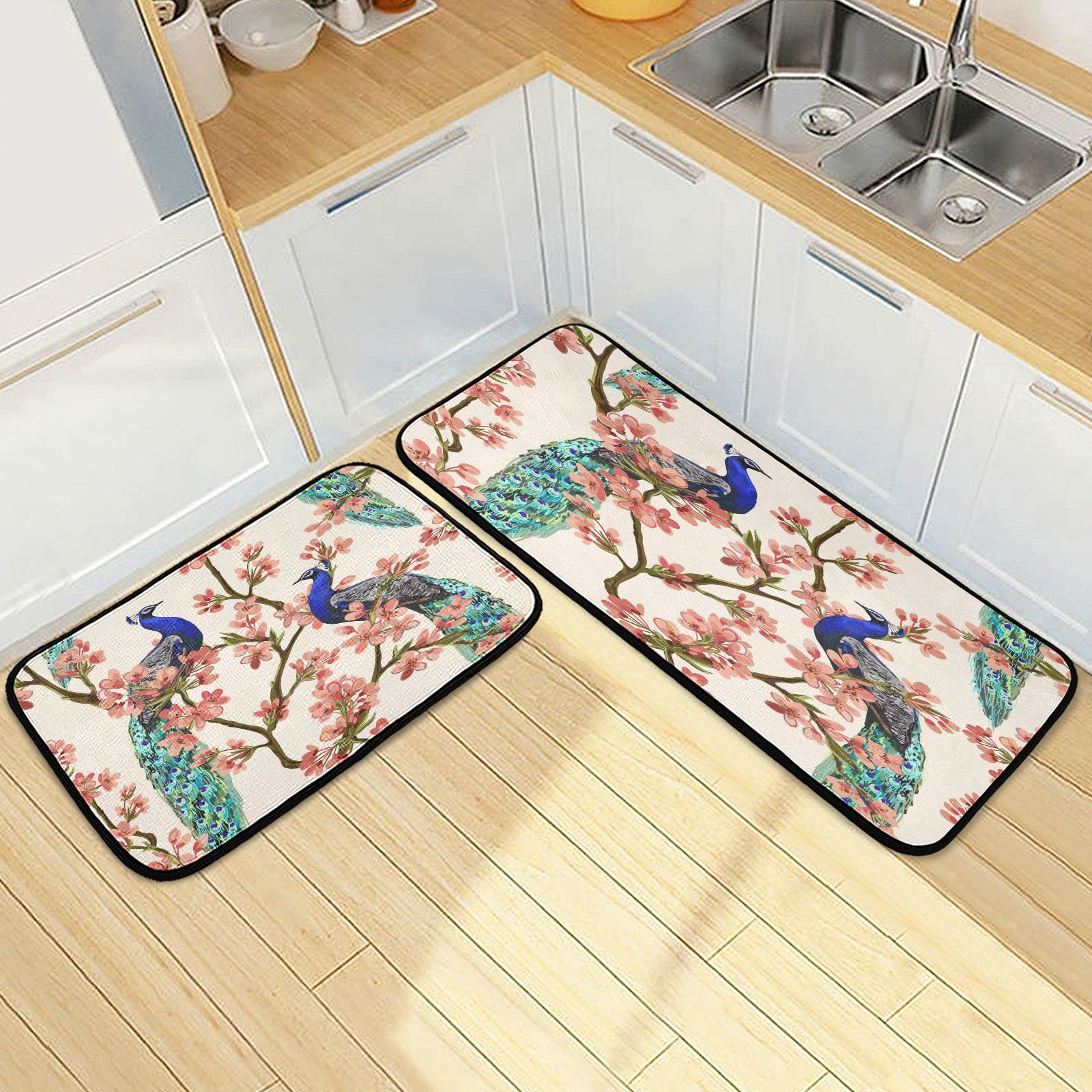 Peacock Flower Tree Kitchen Mat Set 2PCS, Super Absorbent Kitchen Rugs and Mats Non Slip Easy Clean Carpets Rugs for Kitchen Floor Sink Laundry Runner Area Rug Carpet