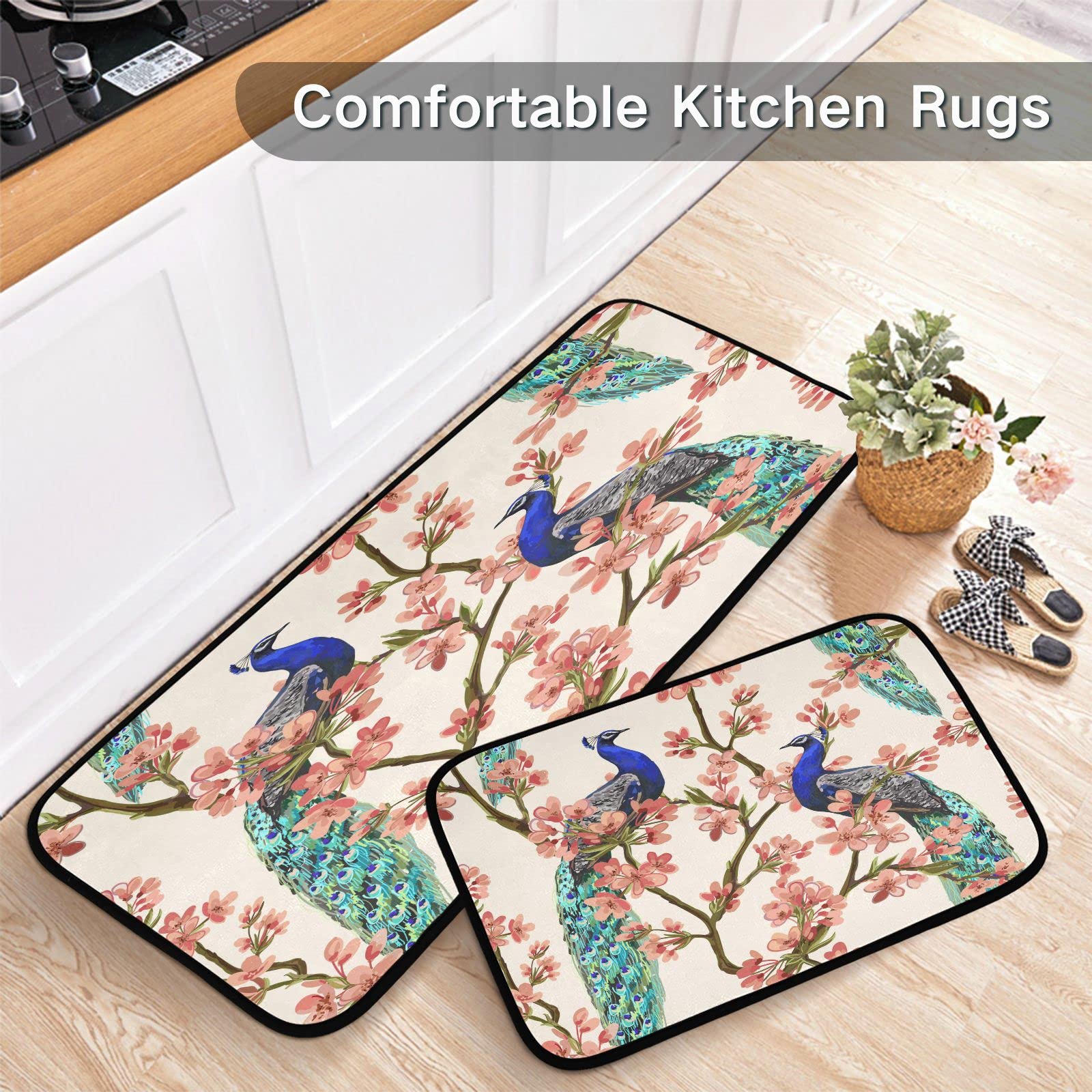 Peacock Flower Tree Kitchen Mat Set 2PCS, Super Absorbent Kitchen Rugs and Mats Non Slip Easy Clean Carpets Rugs for Kitchen Floor Sink Laundry Runner Area Rug Carpet