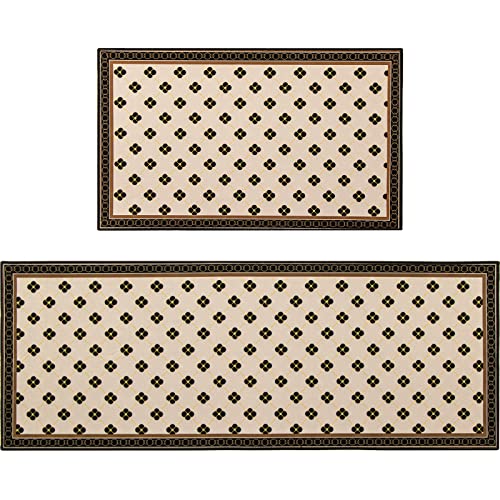 AUTODECO 2 PCS Kitchen Rug and Mats Set - Farmhouse Water Absorb Microfiber Kitchen Floor Mats Non Slip Washable for Bathroom Laundry Room 17"x29.5"+17"x47", Beige&Black