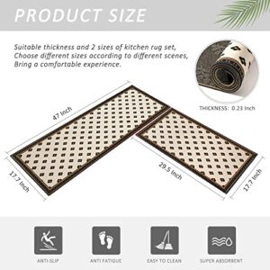 AUTODECO 2 PCS Kitchen Rug and Mats Set - Farmhouse Water Absorb Microfiber Kitchen Floor Mats Non Slip Washable for Bathroom Laundry Room 17"x29.5"+17"x47", Beige&Black