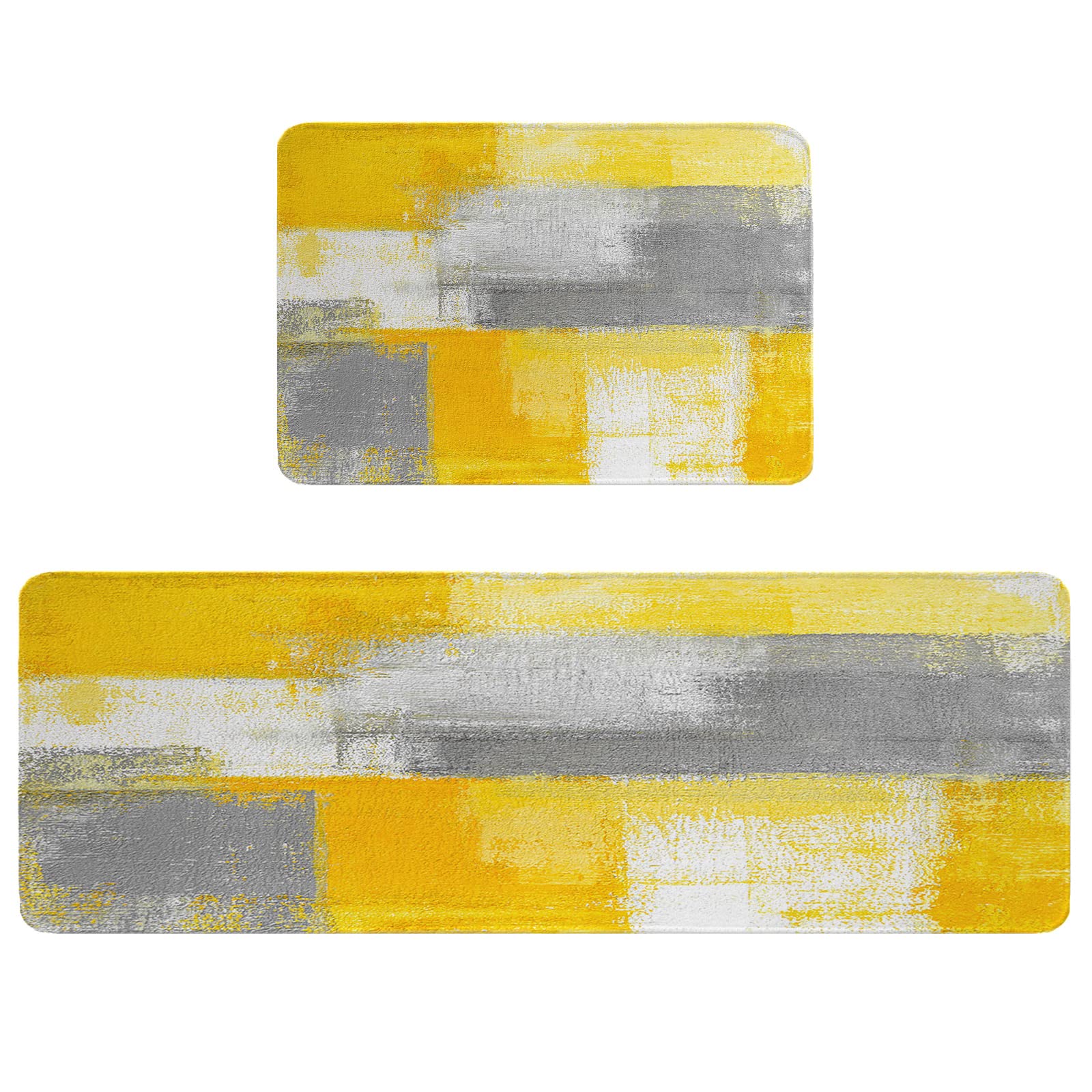 Debedcor Yellow Kitchen Rugs and Mats Set of 2, Oil Painting Non-Skid Yellow and Grey Bathroom Rugs, Kitchen Runner Geometric Rug Floor Mat for Sink/Laundry Room/Office, 15.7"x23.6"+15.7"x47.2"