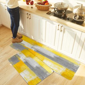 Debedcor Yellow Kitchen Rugs and Mats Set of 2, Oil Painting Non-Skid Yellow and Grey Bathroom Rugs, Kitchen Runner Geometric Rug Floor Mat for Sink/Laundry Room/Office, 15.7"x23.6"+15.7"x47.2"