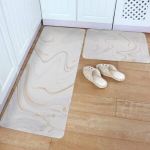 Debedcor Marble Kitchen Rugs and Mats Set of 2, Non-Skid White Bathroom Rugs, Washable Gold and Grey Kitchen Runner Floor Mat for Sink/Laundry Room/Office, 15.7"x23.6"+15.7"x47.2"