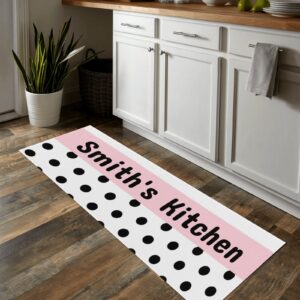 custom polka dot point pink black kitchen mats with name text non slip soft rubber doormats runner carpets rugs for bathroom bedroom laundry decor 48x17 inch