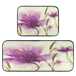 xigua 2 pieces purple flower kitchen rugs and mats set absorbent soft microfiber bath mat non-slip doormat laundry runner set, 19.7"x47.2"+19.7"x27.6"