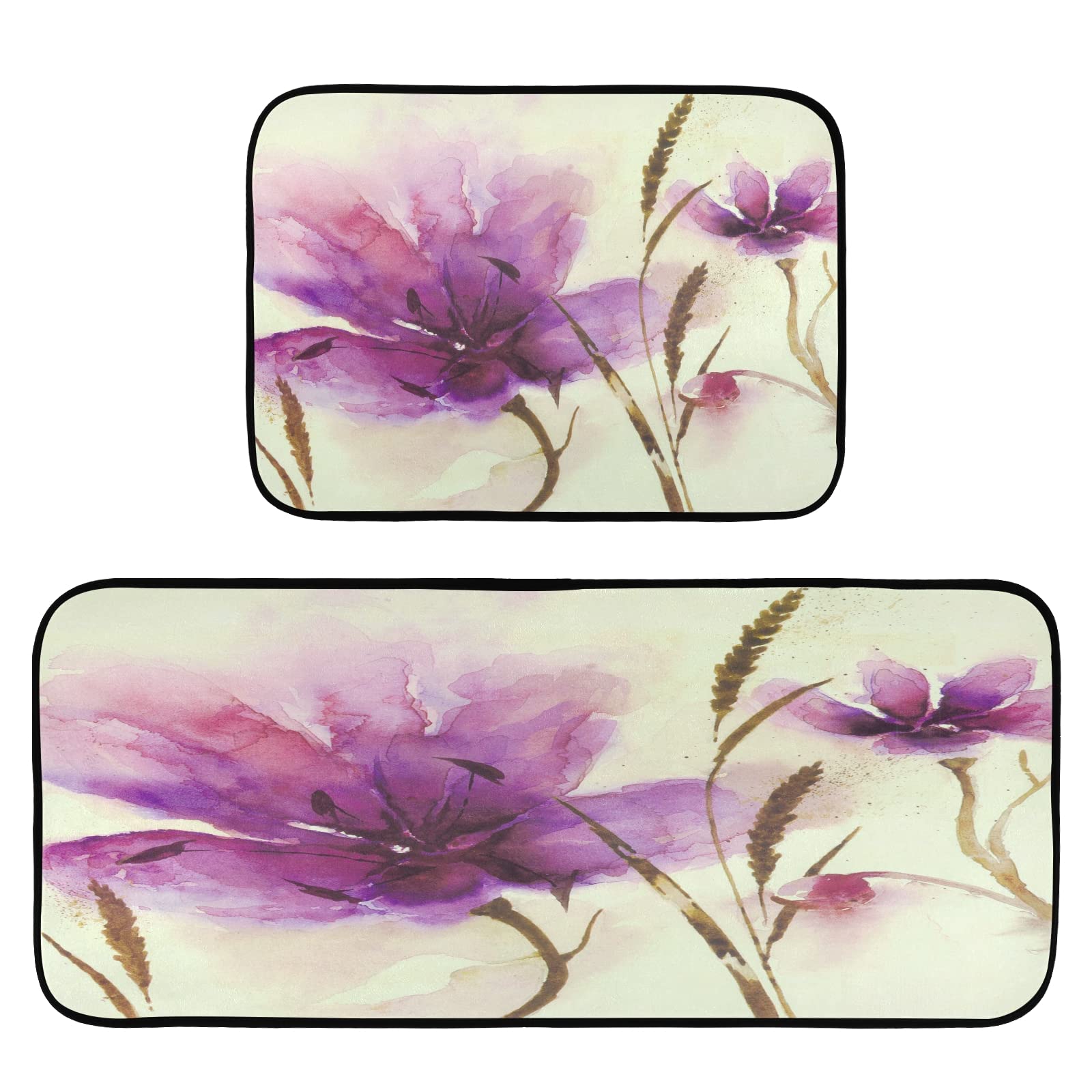 xigua 2 Pieces Purple Flower Kitchen Rugs and Mats Set Absorbent Soft Microfiber Bath Mat Non-Slip Doormat Laundry Runner Set, 19.7"x47.2"+19.7"x27.6"